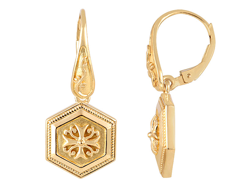 22K Yellow Gold Hexagon Shield Earrings
