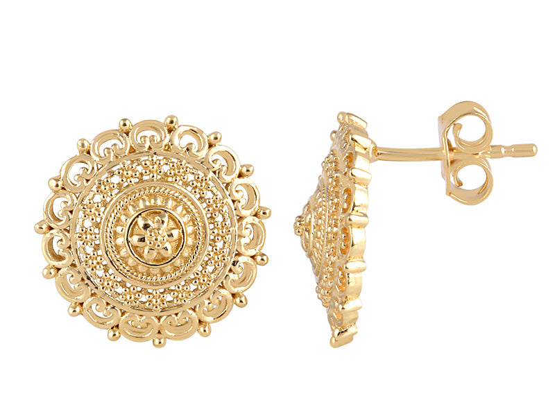 22K Yellow Gold Sun Medallion Button Earrings